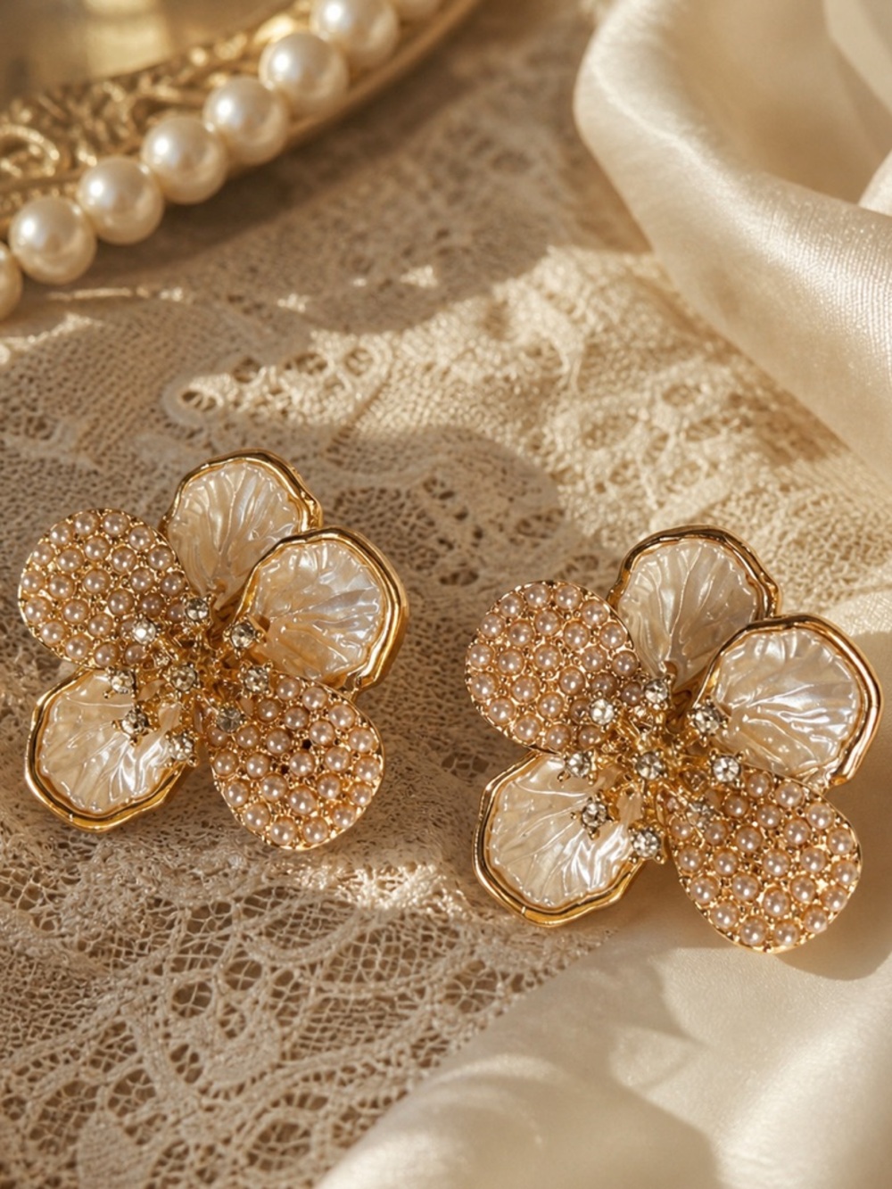 Cara Pearl & Crystal Floral Statement Earrings